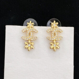 DOUBLE FLOWER CC GOLD DIAMOND DROP EARRINGS