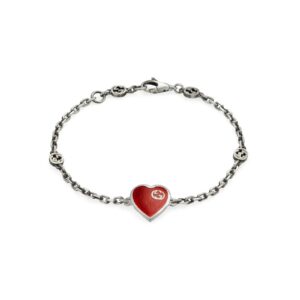 GG HEART AGED FINISH STERLING SILVER RED ENAMEL BRACELET