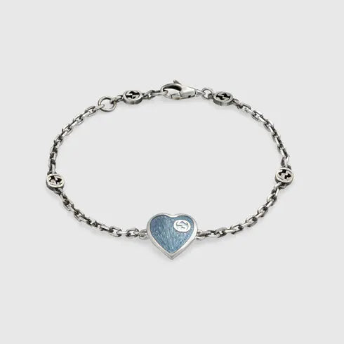 GG HEART AGED FINISH STERLING SILVER BLUE ENAMEL BRACELET