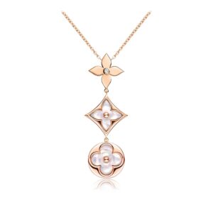 COLOR BLOSSOM LARIAT NECKLACE PINK GOLD WHITE MOTHER PEARL AND DIAMOND