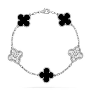 CLOVER 5 MOTIF ONYXS DIAMOND BRACELET SILVER